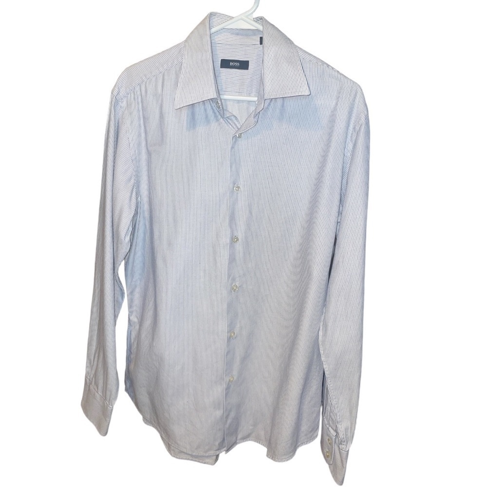 Hugo Boss Striped Button Up Dress Shirt Neutral Office Party Neck 16